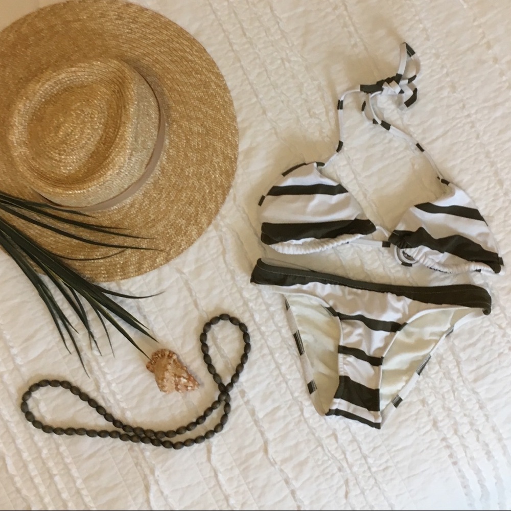 Dark Olive Green & White Striped Bikini Set